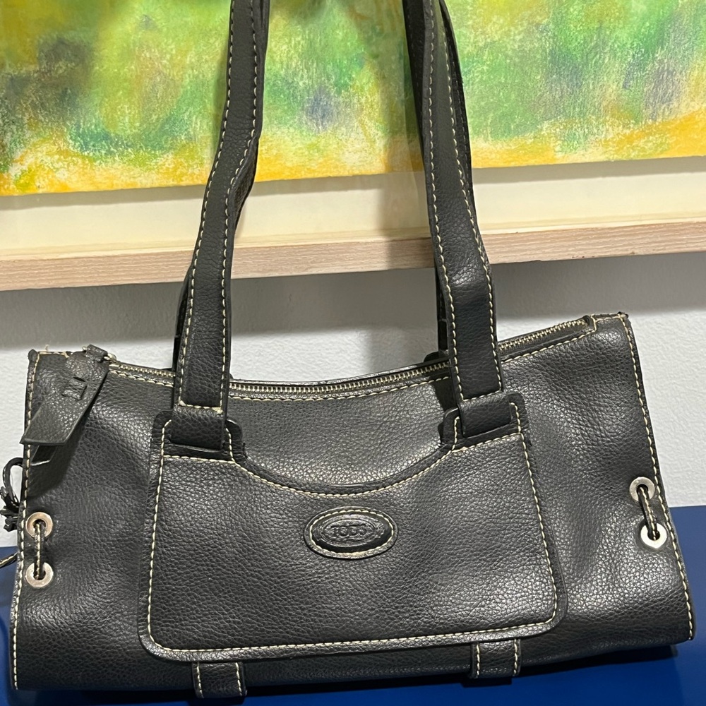 Tods Black Leather Candy Purse Handbag Satchel Bag Laced Sides Silver Hardware